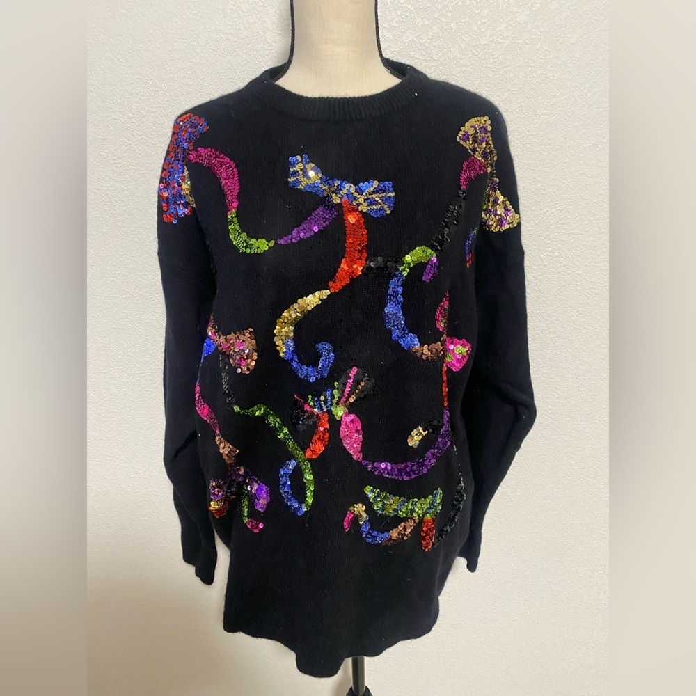 Vintage 90s Cedar Women's Sweater Large Black Sequin Bow Applique Retro Disco